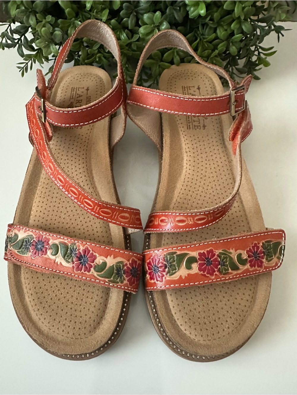 L'ATISTE Women's Orange Floral Leather Slingback Sandals